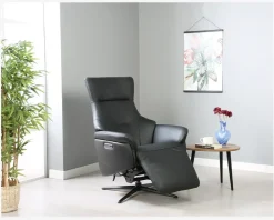 Drejestol m/Indbygget Fodskammel Sort Læder