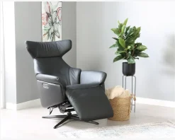 Drejestol m/Indbygget Fodskammel Sort Læder