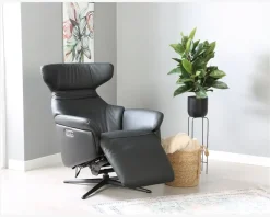 Drejestol m/Indbygget Fodskammel Sort Læder