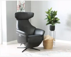 Drejestol m/Indbygget Fodskammel Sort Læder