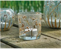 Fyrfadsstage glas m/blomster H.8 cm