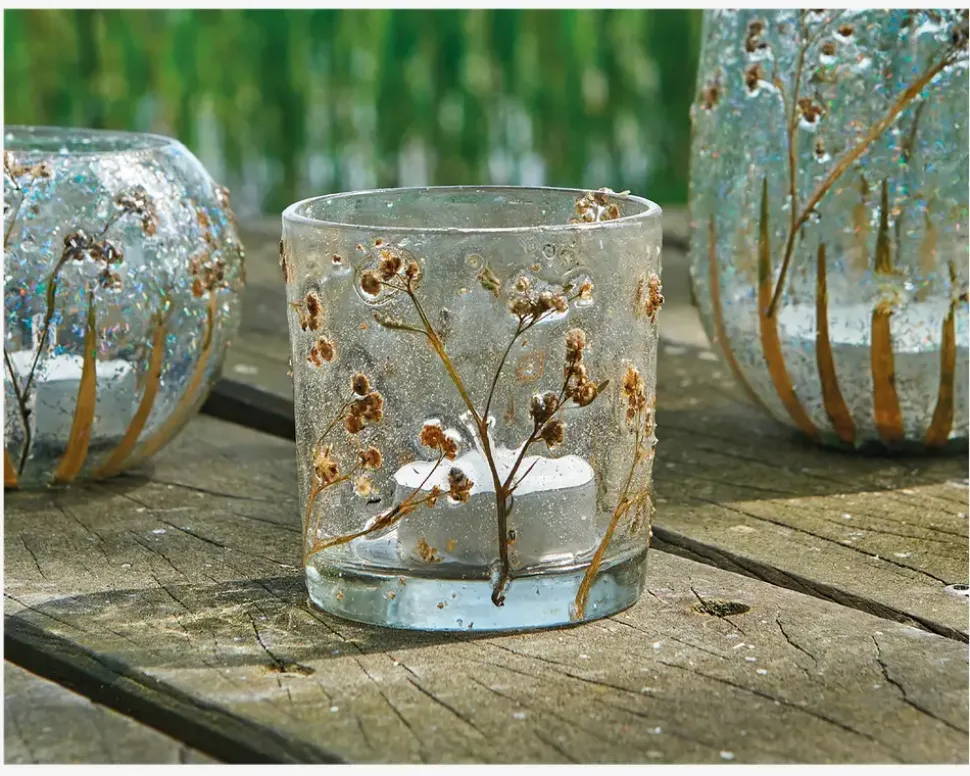 Fyrfadsstage glas m/blomster H.8 cm