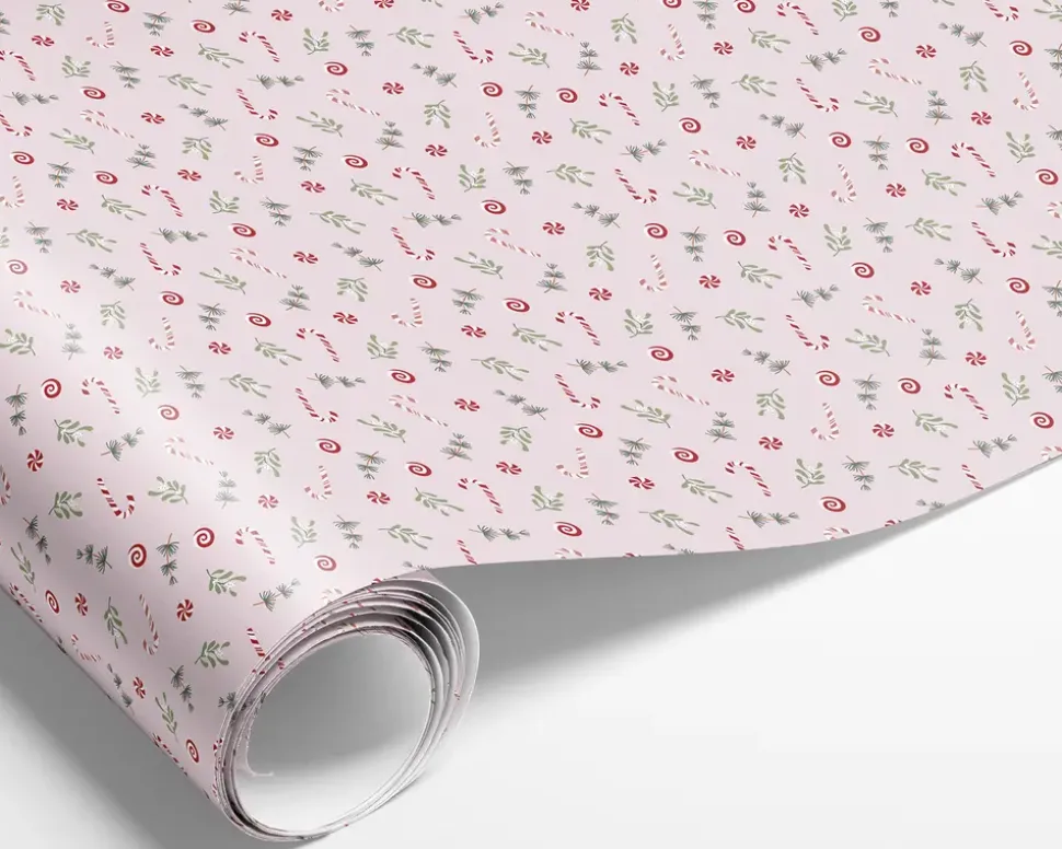 Gavepapir lyserød med julepynt 10 meter