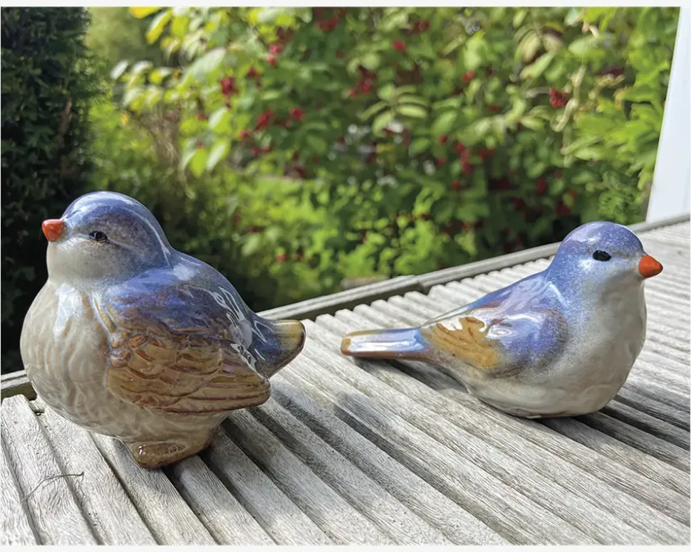 Keramik fugl sand/blå H.10 cm