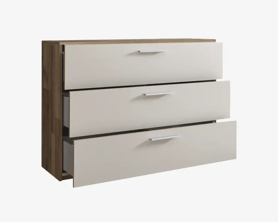 Kommode med 3 skuffer i champagne/eg