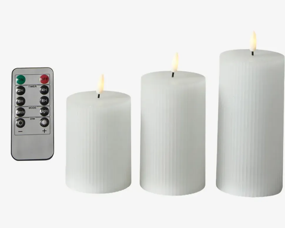 LED Bloklys Sæt 3Stk M.Riller Hvid