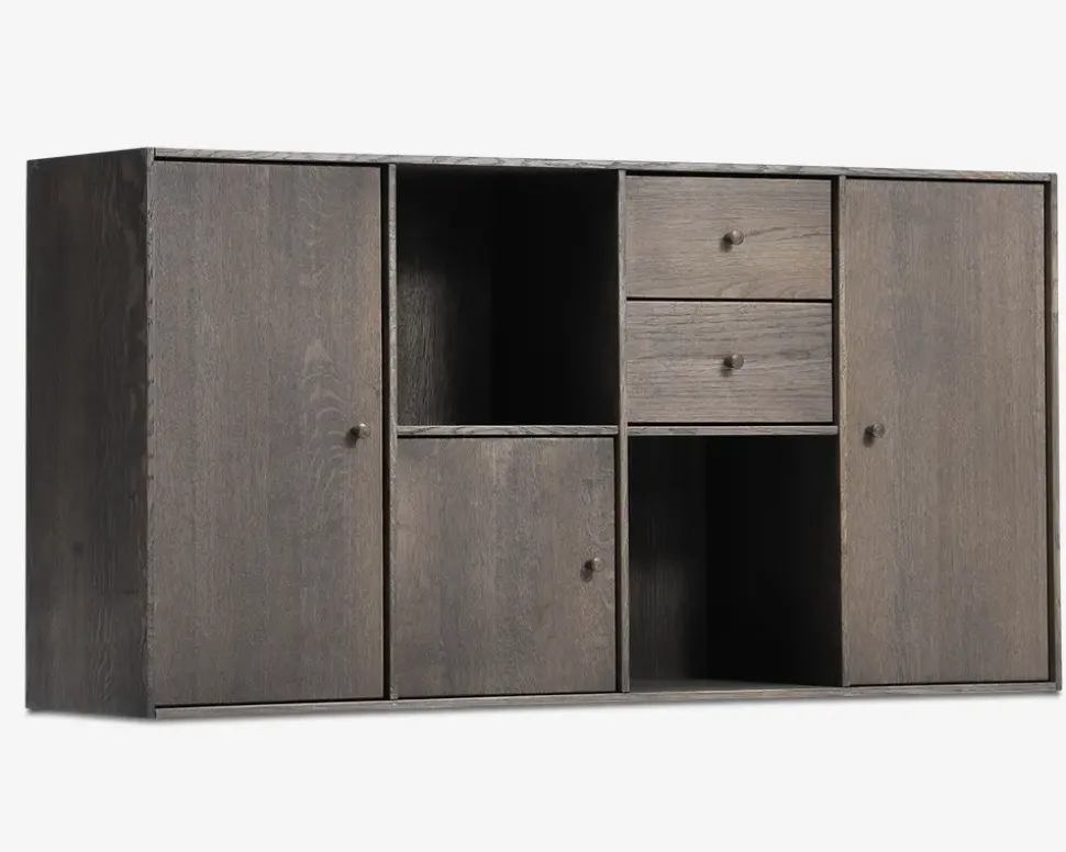 Reolopstilling med døre og skuffer røget eg