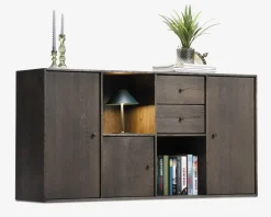 Reolopstilling med døre og skuffer røget eg