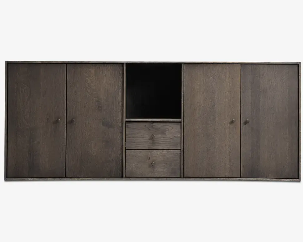 Reolopstilling med døre og skuffer røget eg