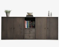 Reolopstilling med døre og skuffer røget eg