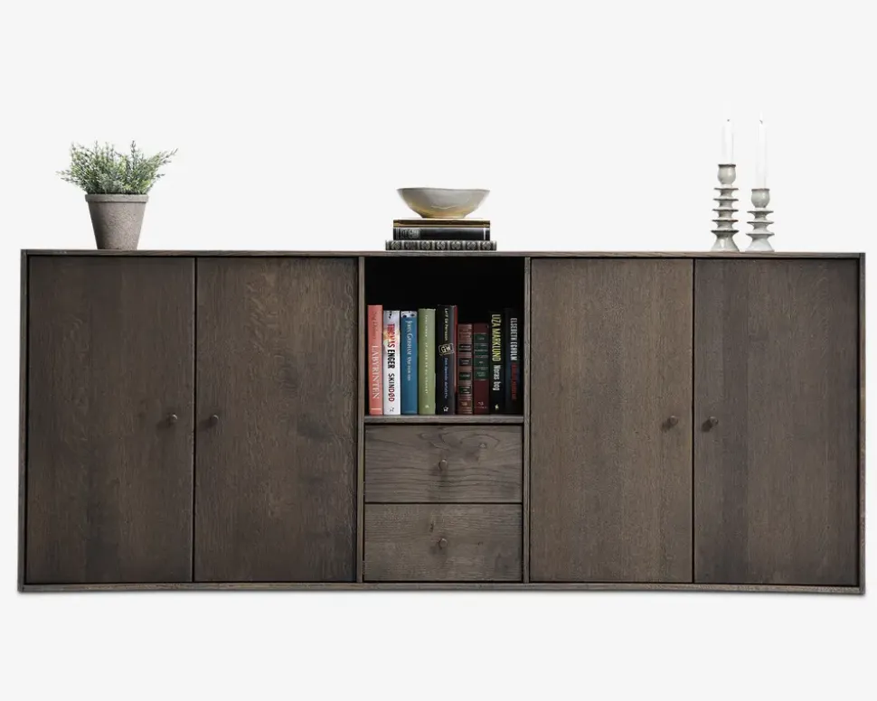 Reolopstilling med døre og skuffer røget eg