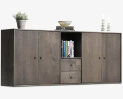 Reolopstilling med døre og skuffer røget eg