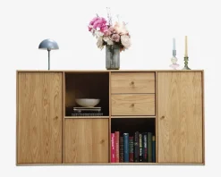 Reolopstilling med døre og skuffer olieret eg