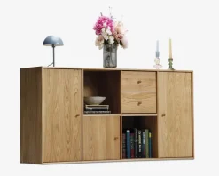 Reolopstilling med døre og skuffer olieret eg