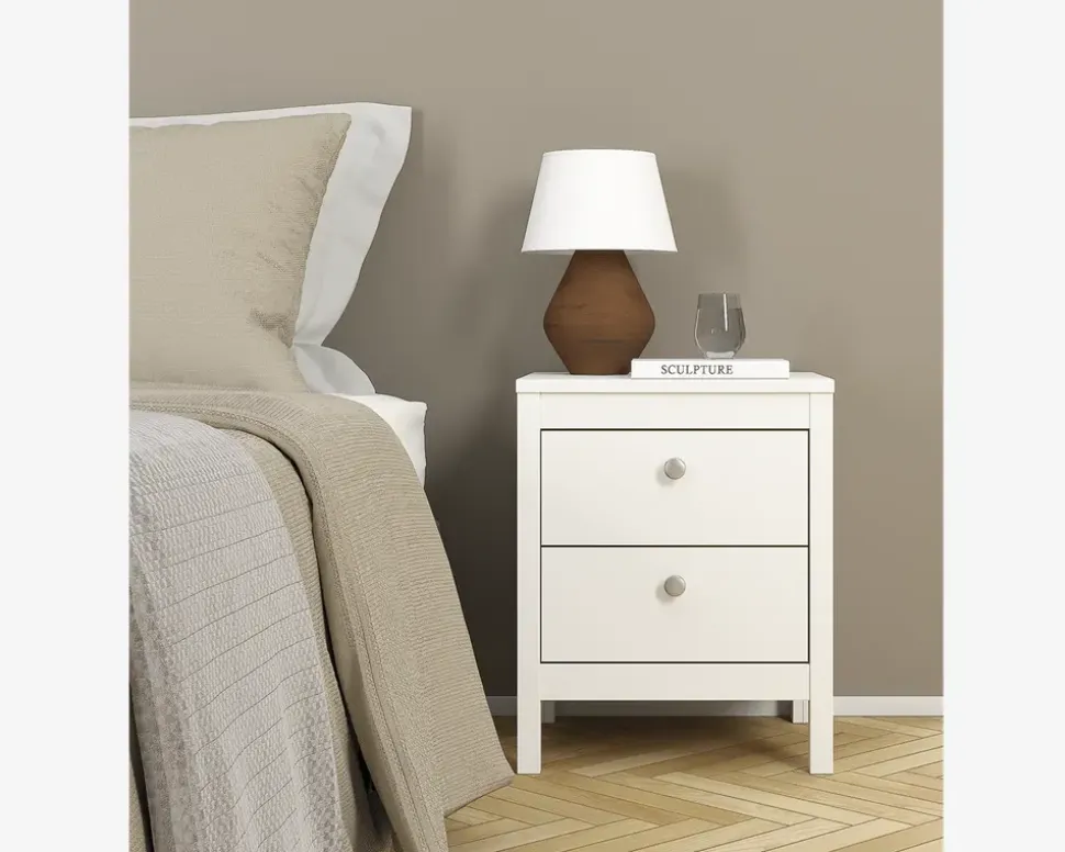 Sengebord Madrid hvid med 2 skuffer